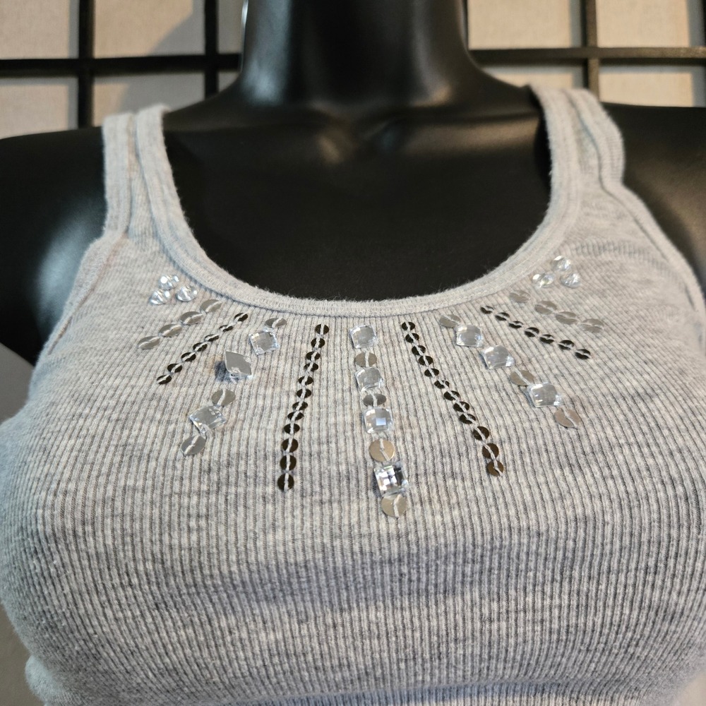 Hollister SoCal Stretch Ribbed Tank Top Gray Sequin Embellished Racerback Small